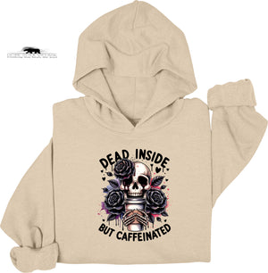 Beige hoodie with skull and roses design and text 'Dead Inside But Caffeinated' on a white background
