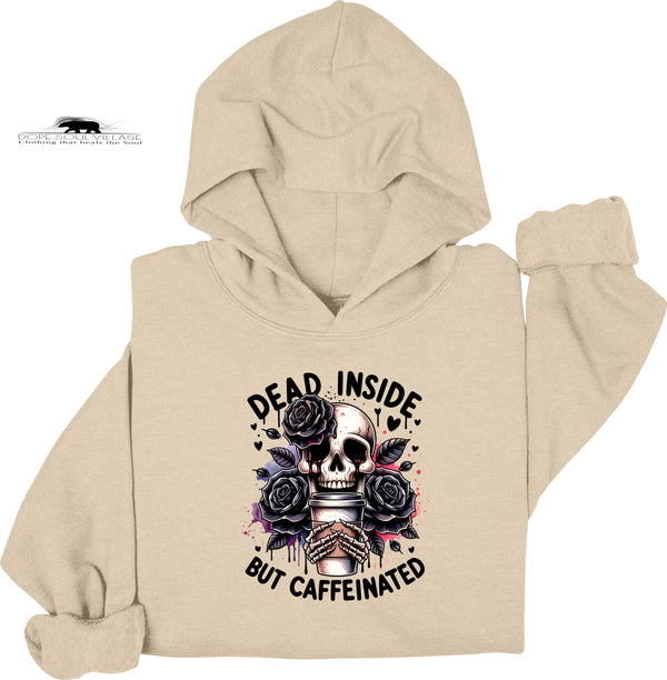 Beige hoodie with skull and roses design and text 'Dead Inside But Caffeinated' on a white background