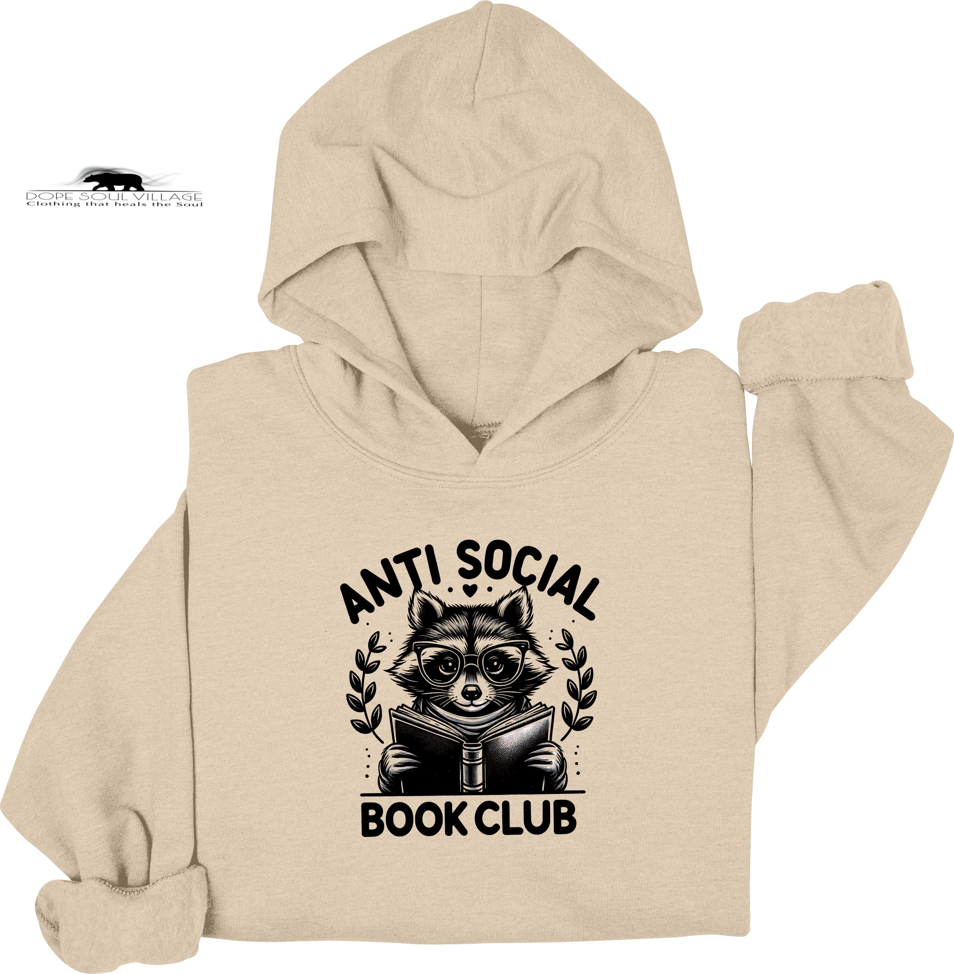 Beige hoodie with 'Anti Social Book Club' graphic featuring a raccoon reading a book on a white background.