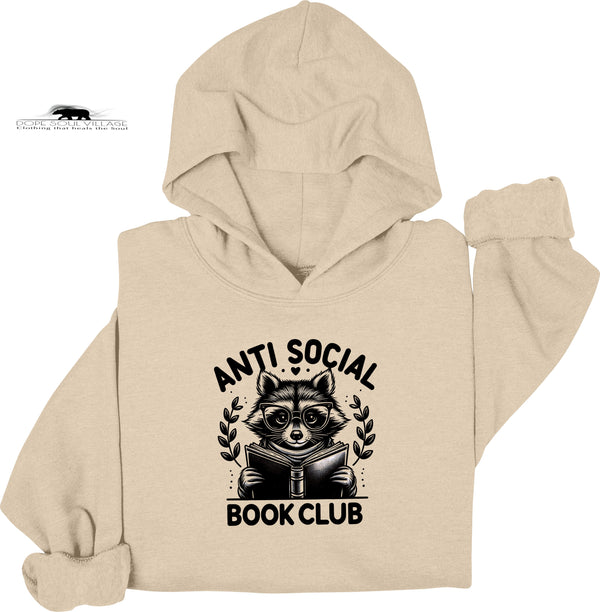 Beige hoodie with 'Anti Social Book Club' graphic featuring a raccoon reading a book on a white background.