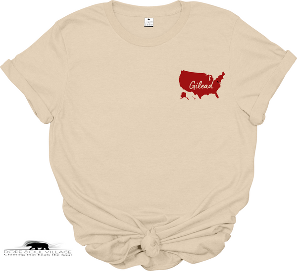 Beige t-shirt with a red 'Gilead' map design on a white background