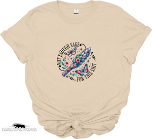 Beige t-shirt with a colorful graphic and text on a white background
