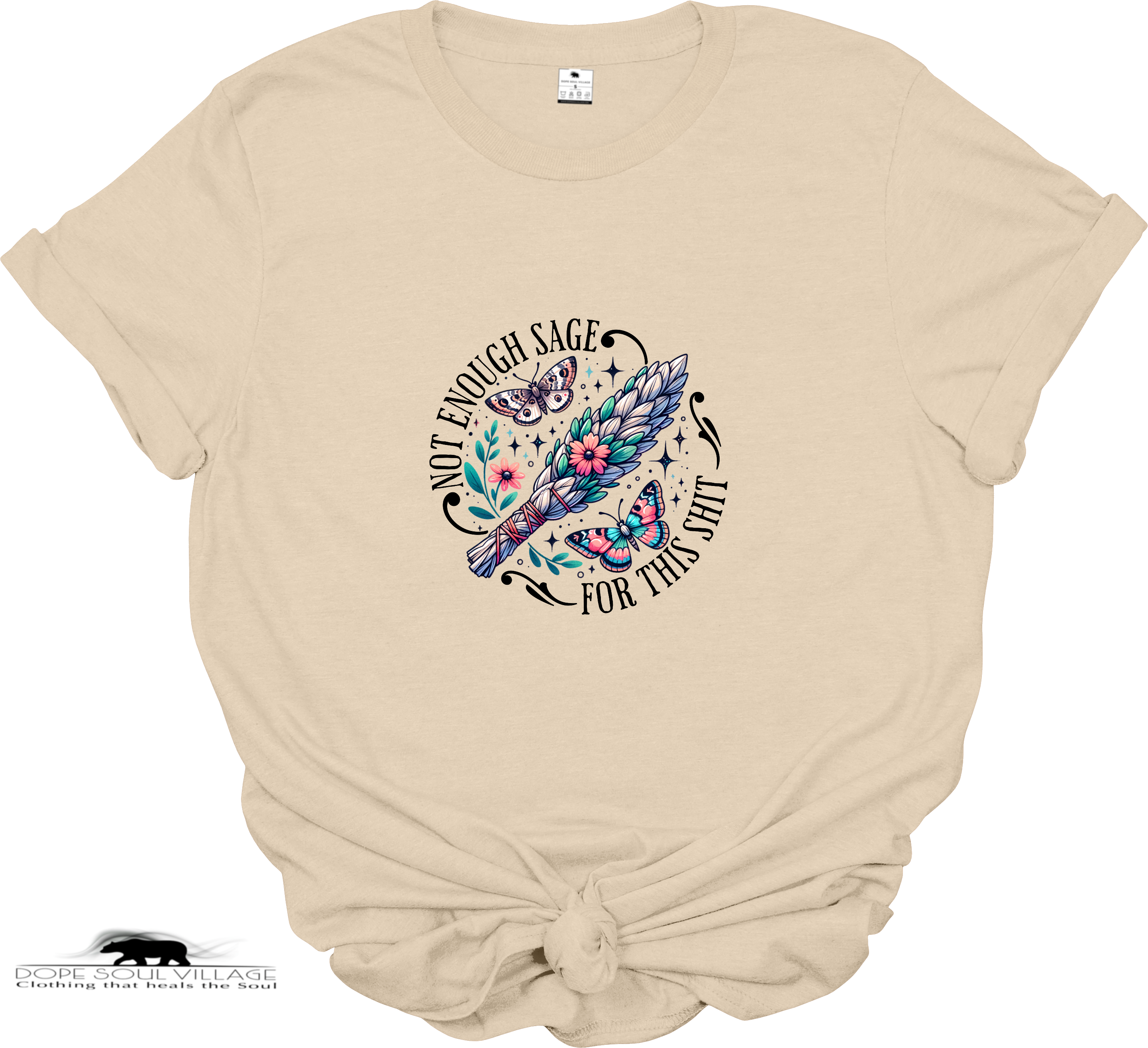 Beige t-shirt with a colorful graphic and text on a white background