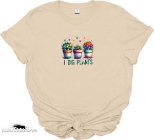 Beige t-shirt with 'I Dig Plants' graphic featuring colorful cacti on a white background