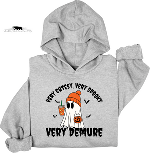 Gray hoodie with Halloween-themed design featuring a ghost, ghostly face, and text on a white background dope soul village
