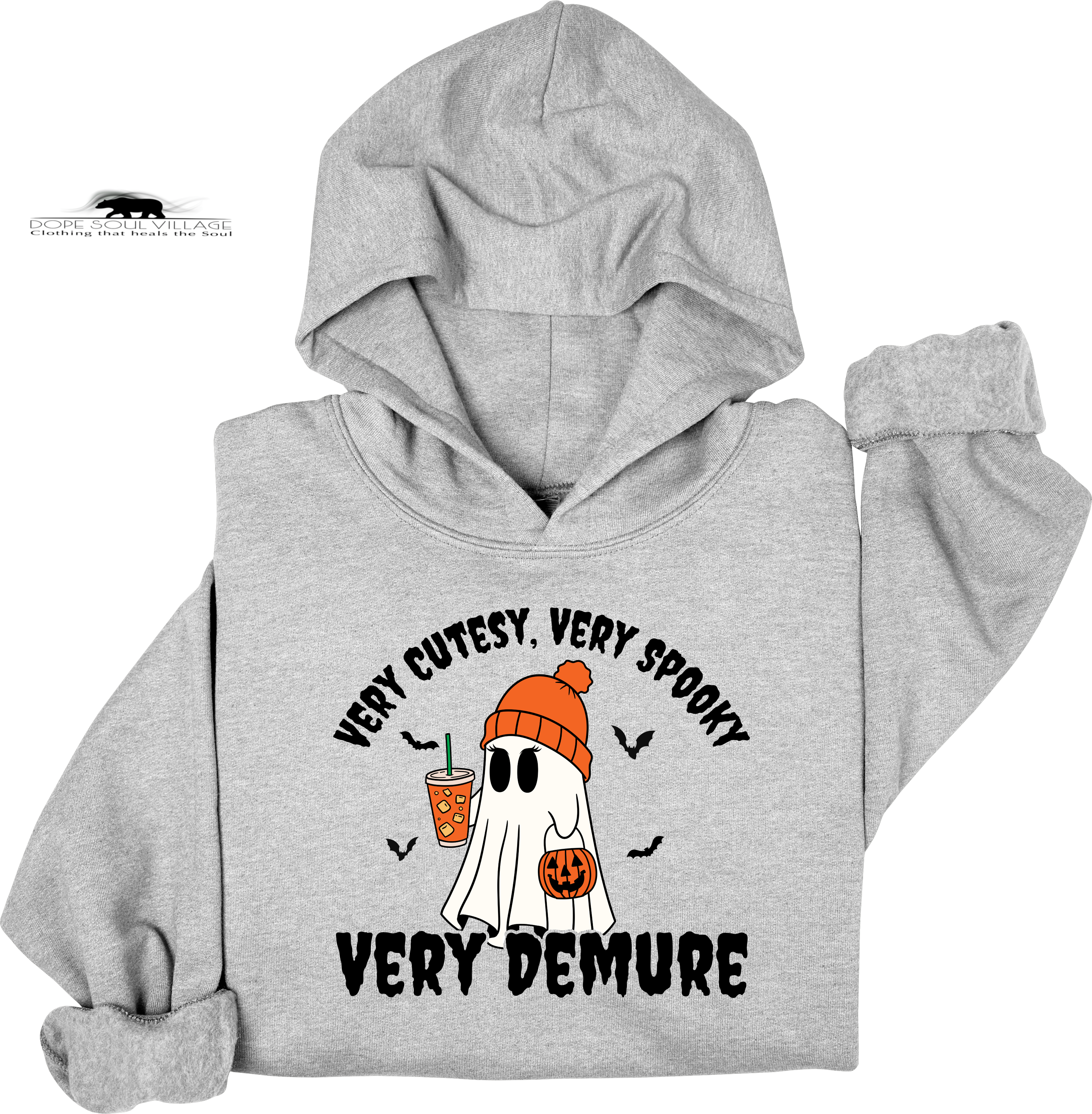 Gray hoodie with Halloween-themed design featuring a ghost, ghostly face, and text on a white background dope soul village