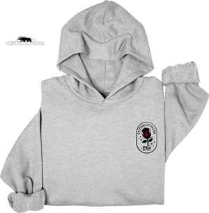Gray hoodie with a rose emblem on a white background