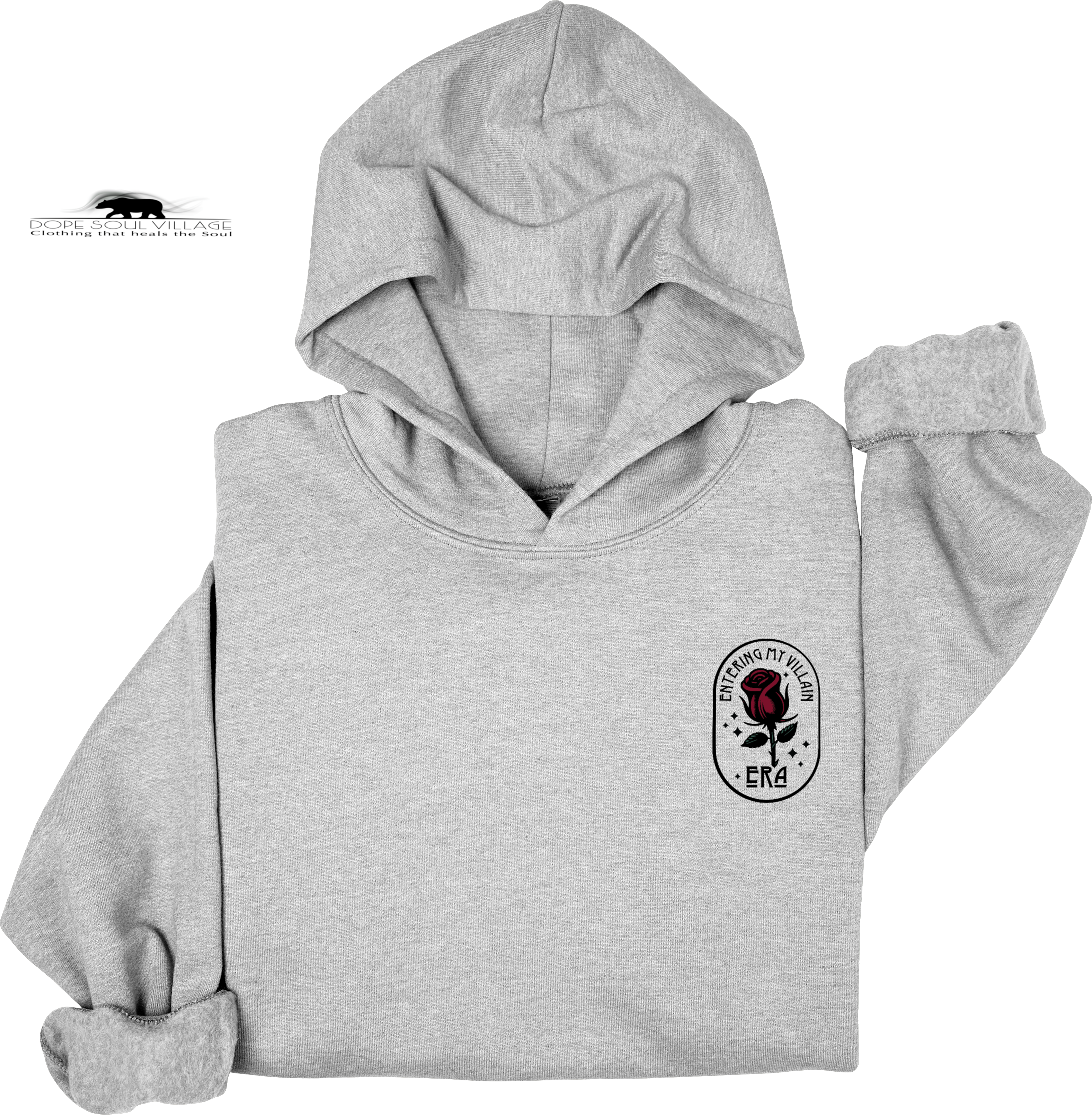 Gray hoodie with a rose emblem on a white background