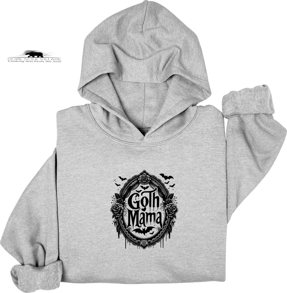 Gray hoodie with 'Goth Mama' graphic design on a white background