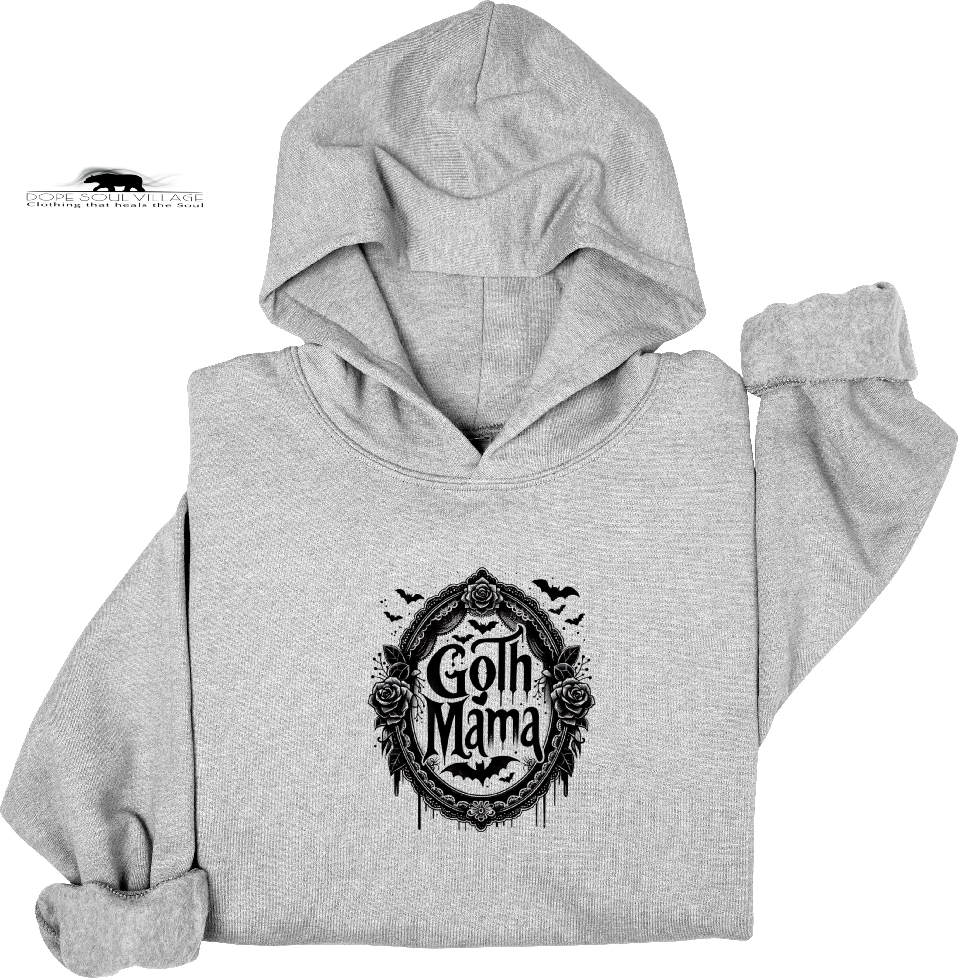 Gray hoodie with 'Goth Mama' graphic design on a white background