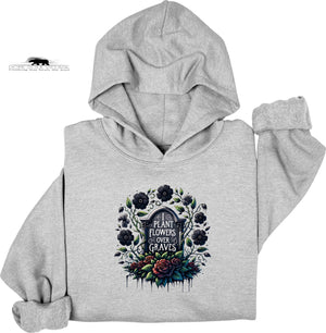 Gray hoodie with floral and text design on a white background