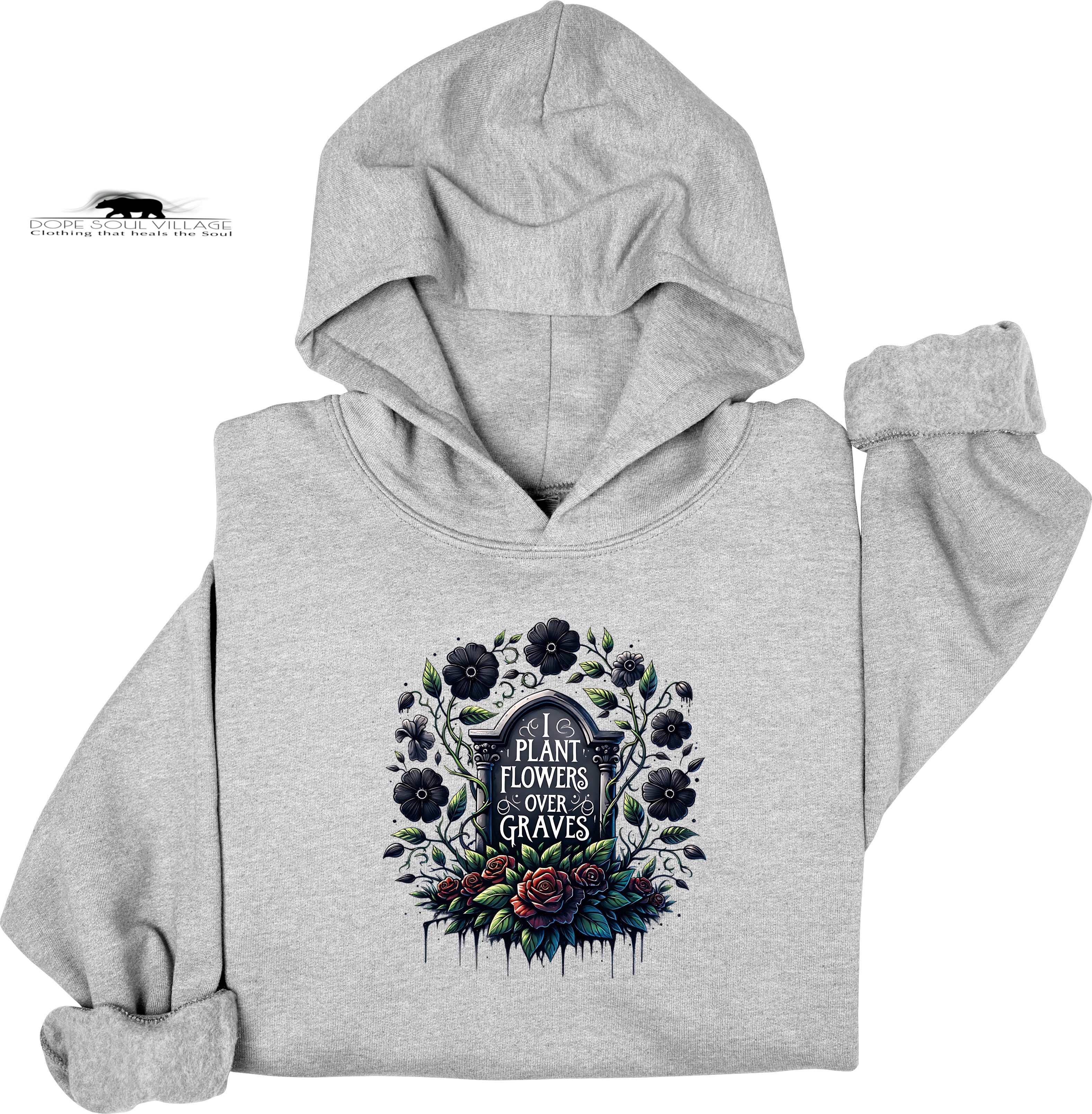 Gray hoodie with floral and text design on a white background