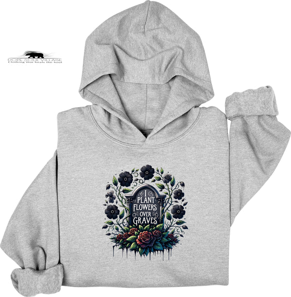 Gray hoodie with floral and text design on a white background