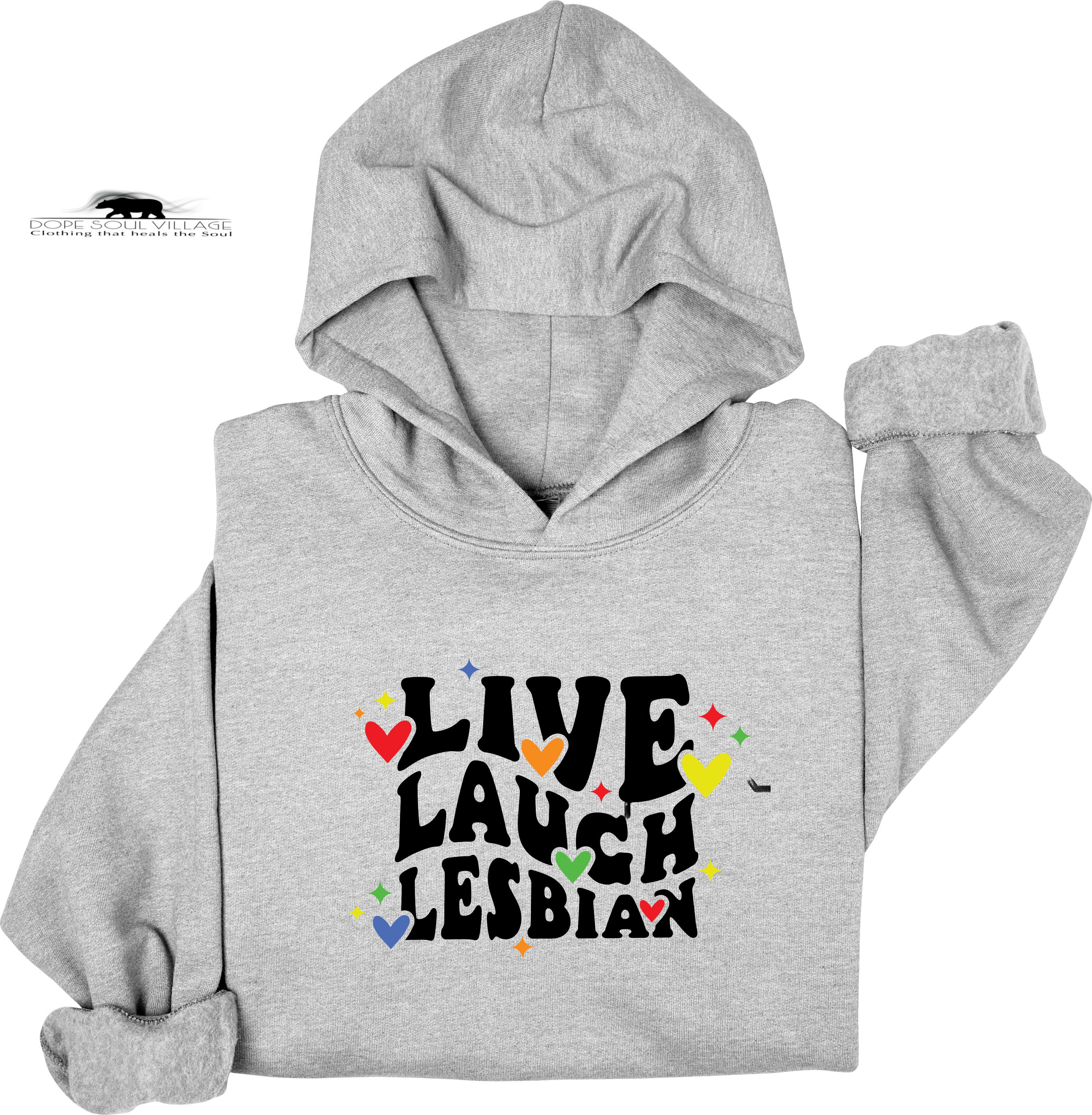 Gray hoodie with 'Live Laugh Lesbian' text on a white background