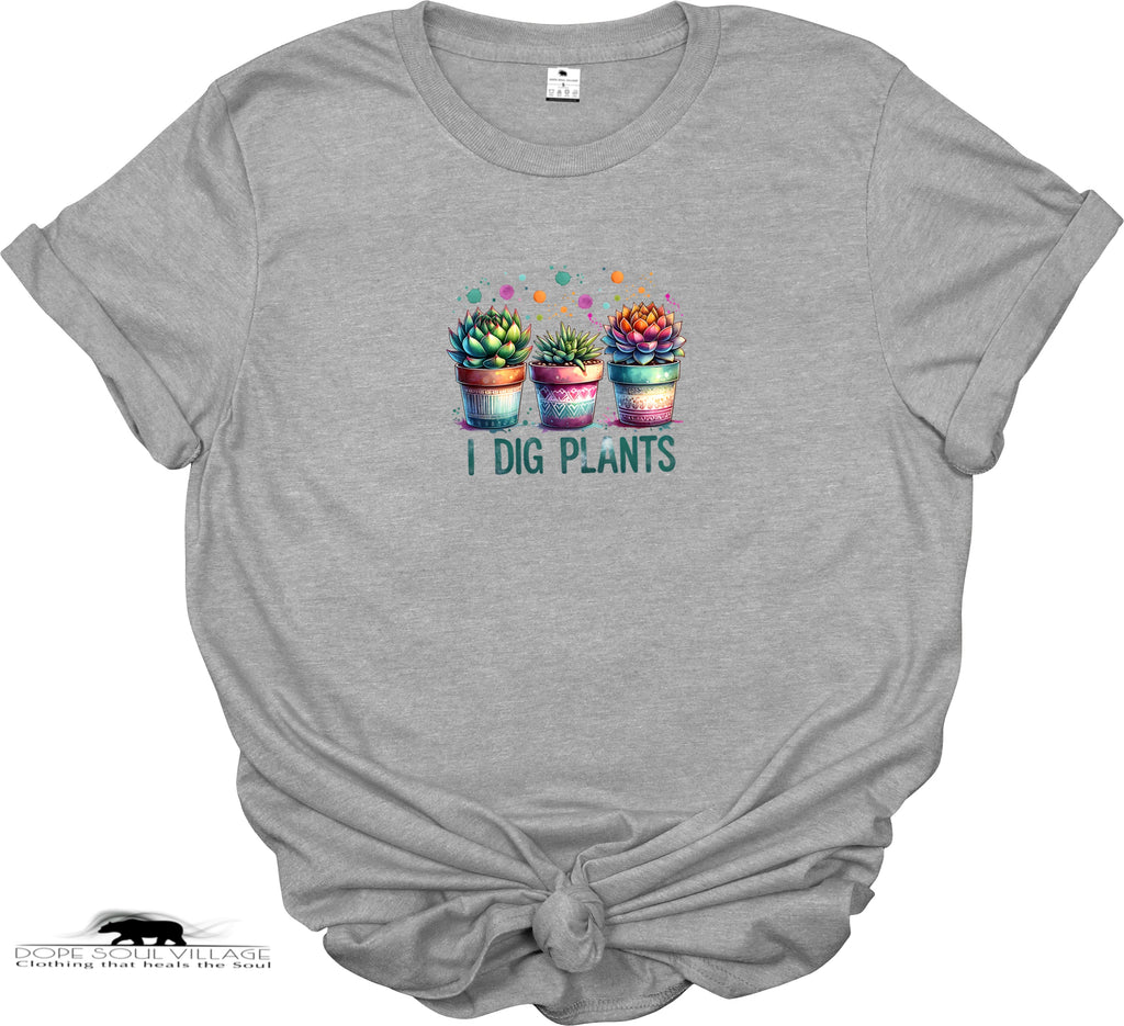 Gray t-shirt with cactus design and 'I Dig Plants' text on a white background