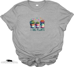 Gray t-shirt with cactus design and 'I Dig Plants' text on a white background