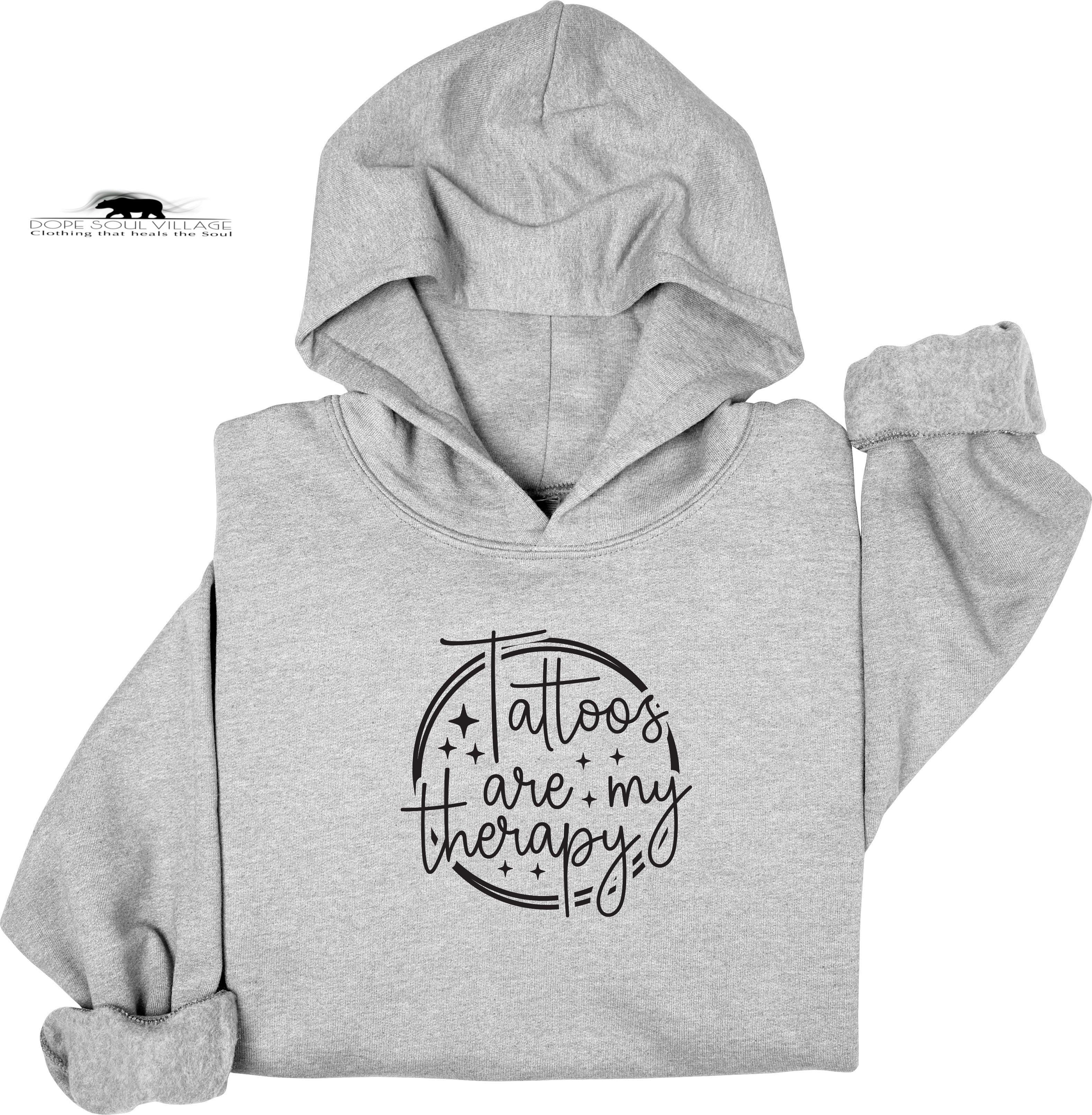 Gray hoodie with 'Tattoos are my therapy' text on a white background