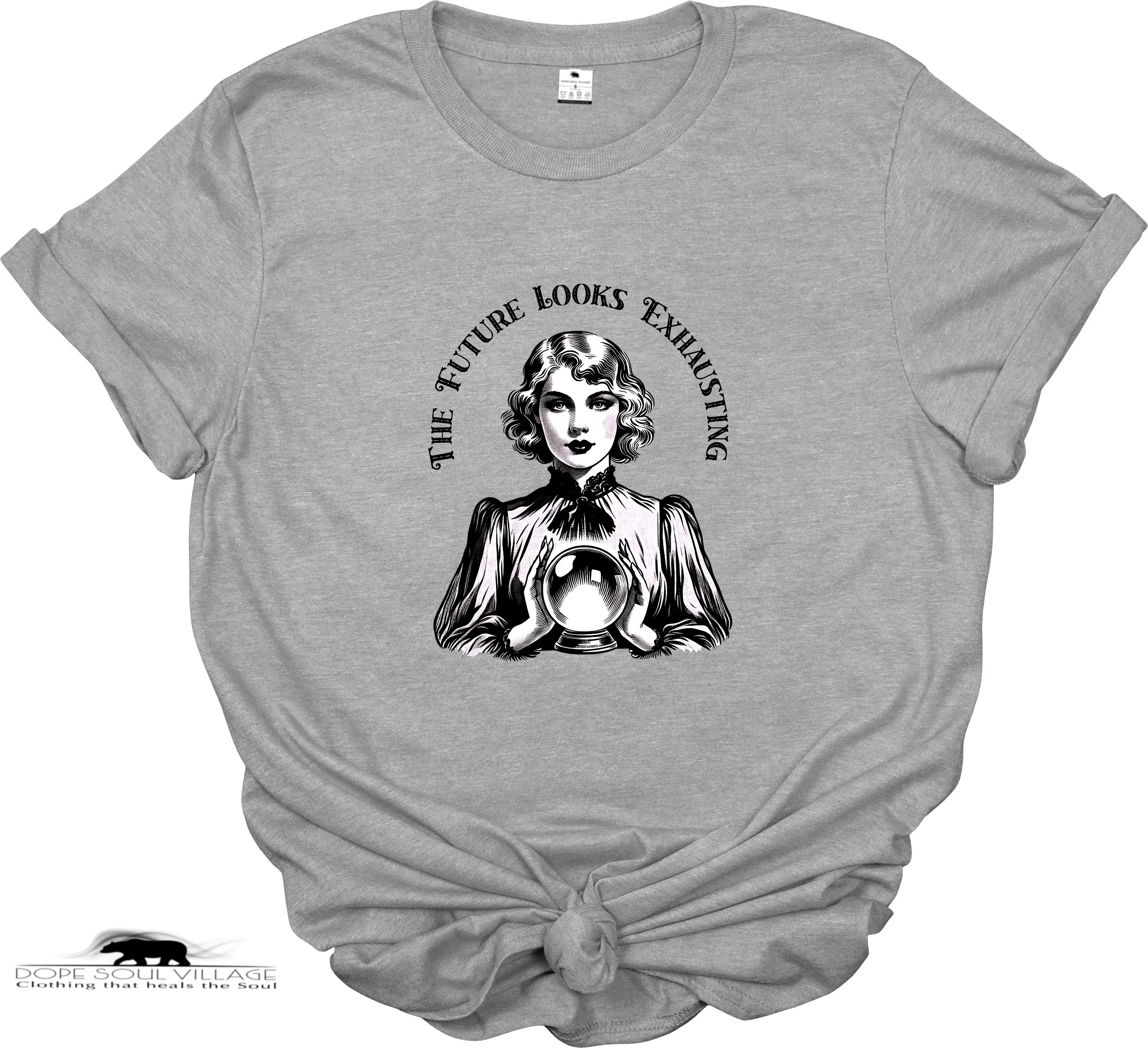 Gray t-shirt with a graphic of a woman and text 'The Future Looks Exhausting' on a white background