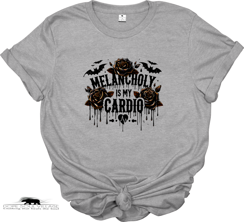 Gray t-shirt with black and brown graphic design on a white background