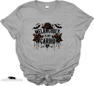 Gray t-shirt with black and brown graphic design on a white background