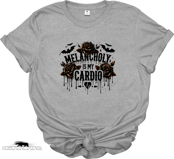 Gray t-shirt with black and brown graphic design on a white background