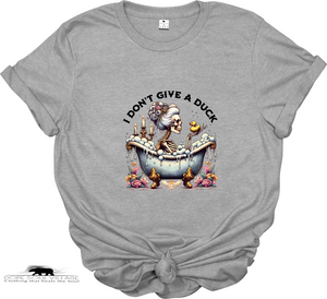 Gray t-shirt with a graphic design and text 'I Don't Give a Duck' on a white background