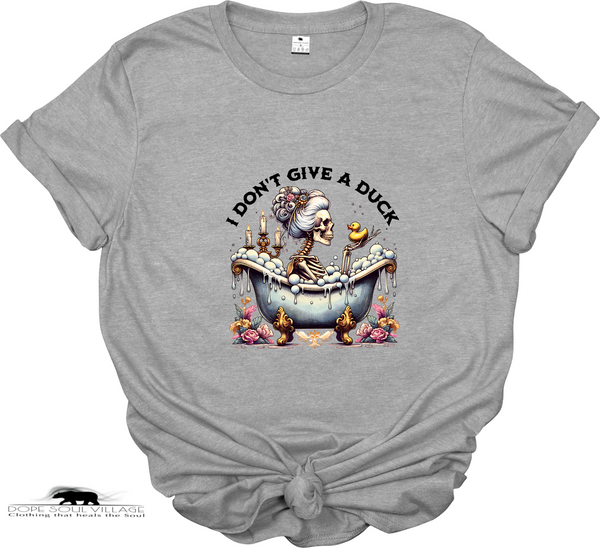 Gray t-shirt with a graphic design and text 'I Don't Give a Duck' on a white background
