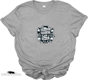 Gray t-shirt with black graphic design and text on a white background