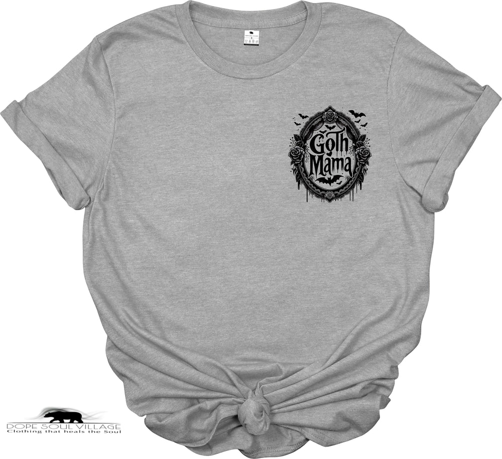 Gray t-shirt with 'Goth Mama' graphic design on a white background