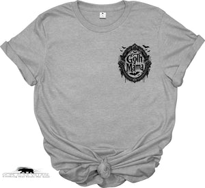 Gray t-shirt with 'Goth Mama' graphic design on a white background