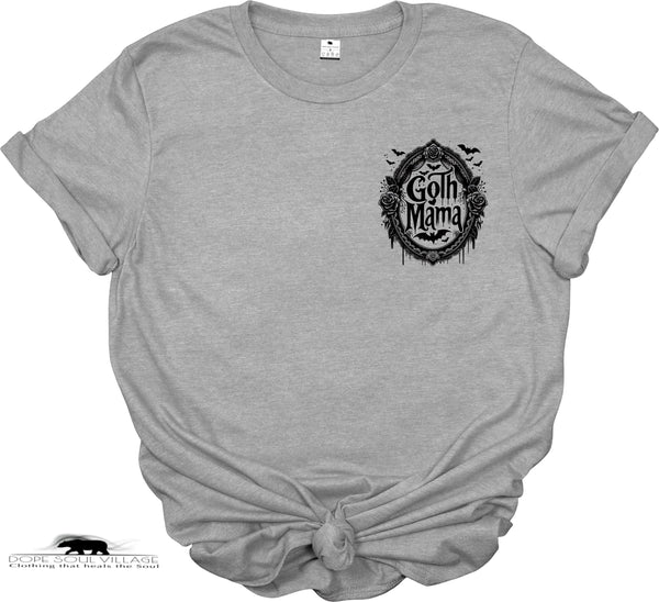 Gray t-shirt with 'Goth Mama' graphic design on a white background