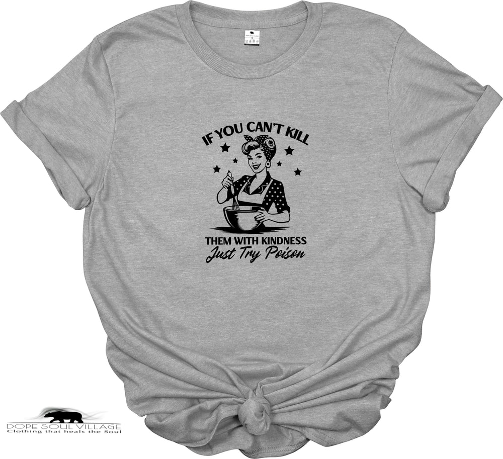 Gray t-shirt with graphic design and text on a white background