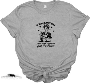 Gray t-shirt with graphic design and text on a white background