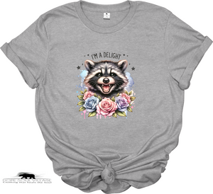 Gray t-shirt with a raccoon graphic and floral design on a white background