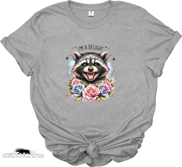 Gray t-shirt with a raccoon graphic and floral design on a white background