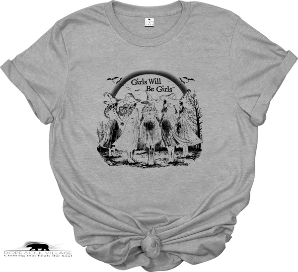 Gray t-shirt with black graphic design of women in dresses and text on a white background
