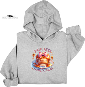Gray hoodie with a colorful graphic of pancakes and text on a white background