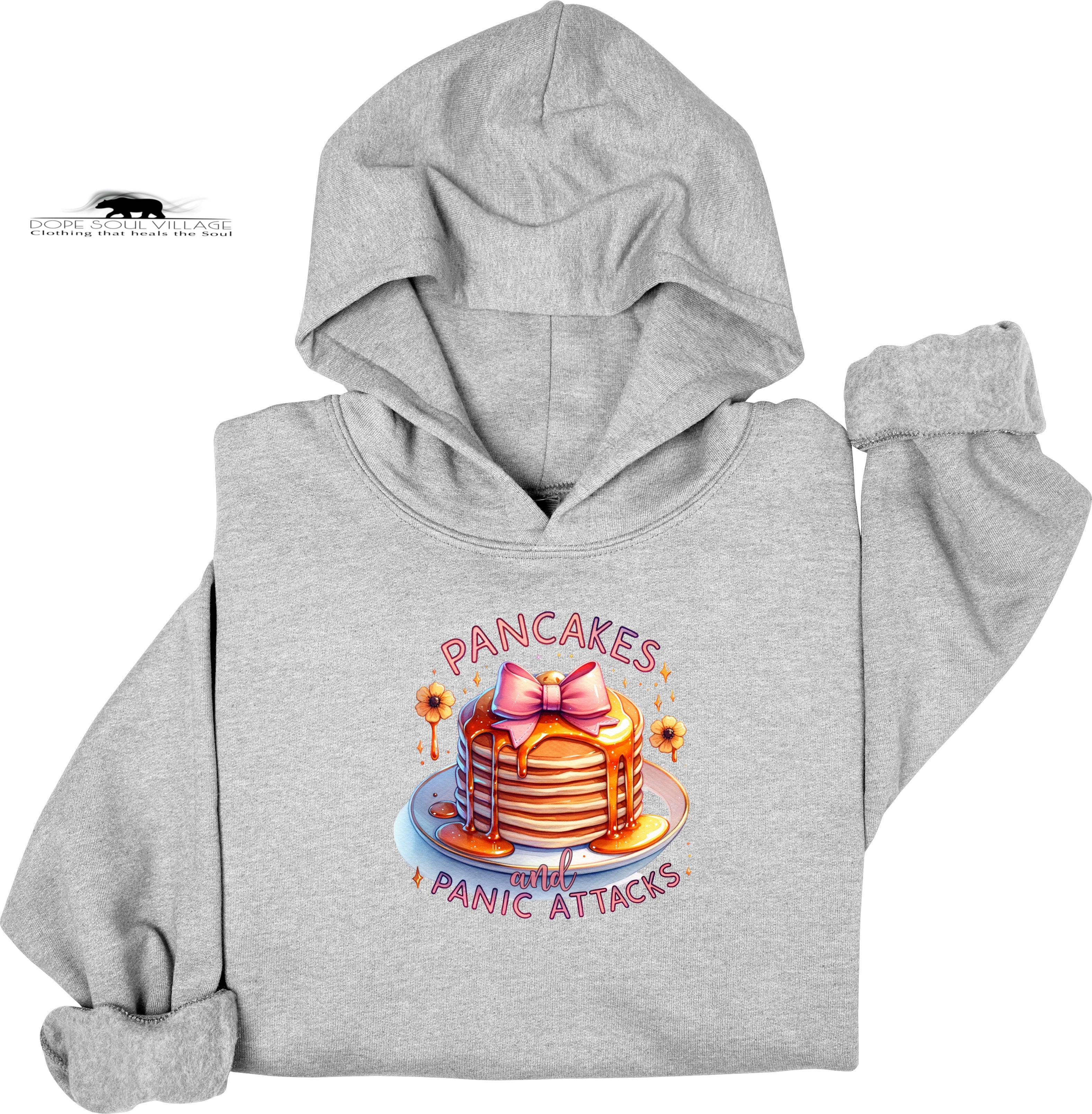 Gray hoodie with a colorful graphic of pancakes and text on a white background