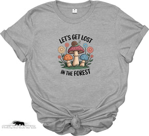 Gray t-shirt with a forest-themed graphic and text on a white background