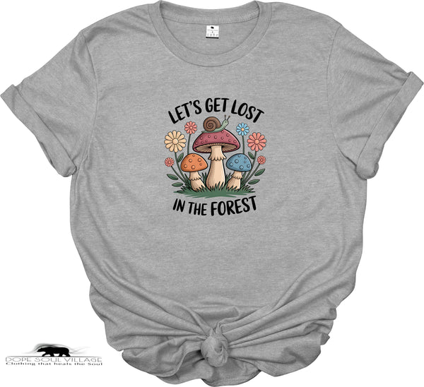 Gray t-shirt with a forest-themed graphic and text on a white background