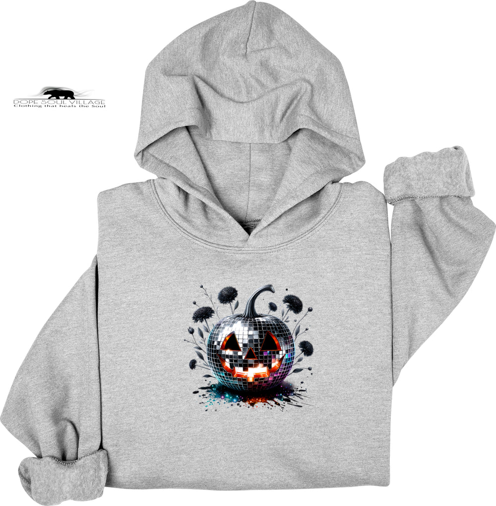 Gray hoodie with a colorful disco ball pumpkin design on a white background