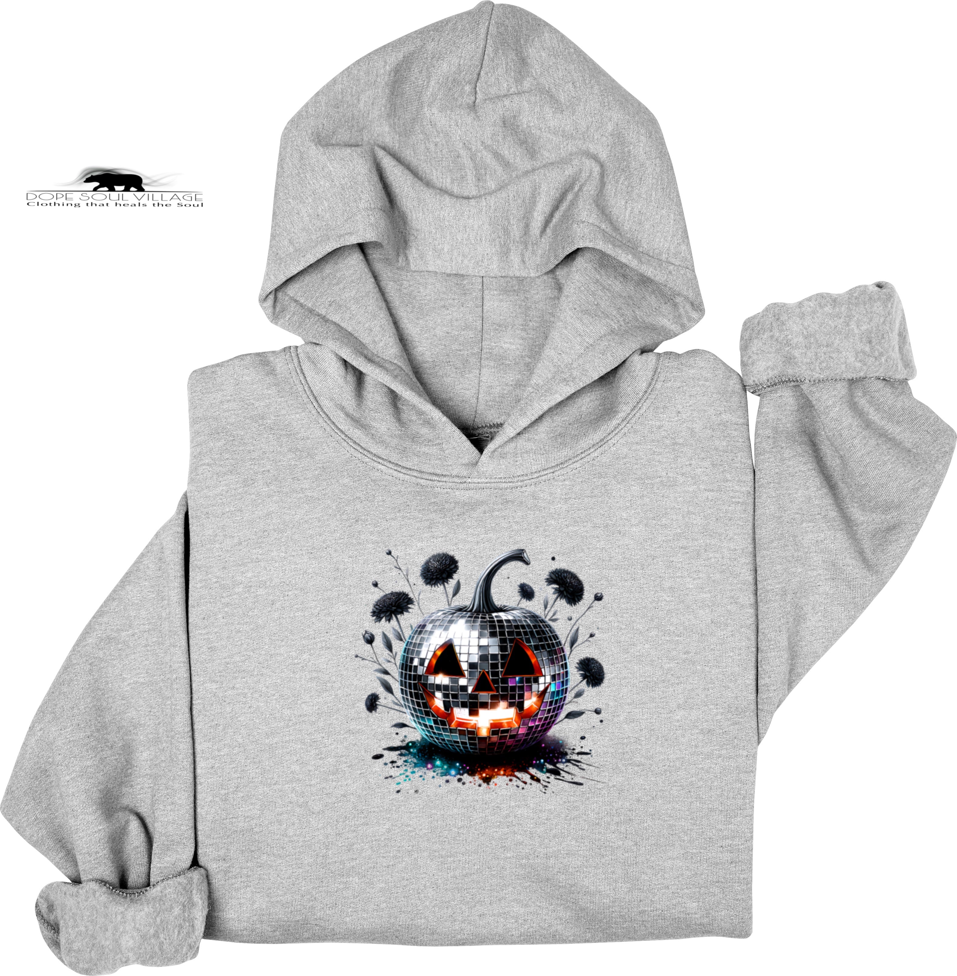 Gray hoodie with a colorful disco ball pumpkin design on a white background