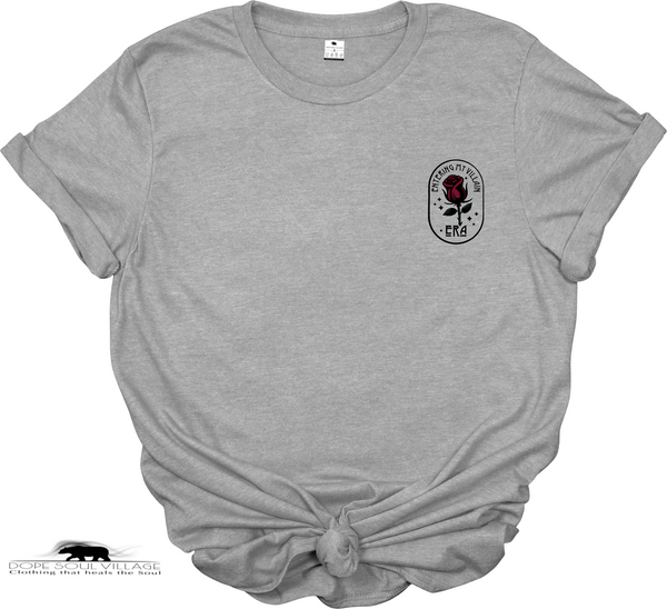 Gray t-shirt with a logo on the chest against a white background