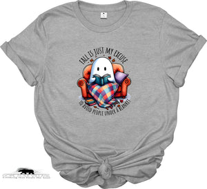 Gray t-shirt with a ghost reading a book graphic and text on a white background