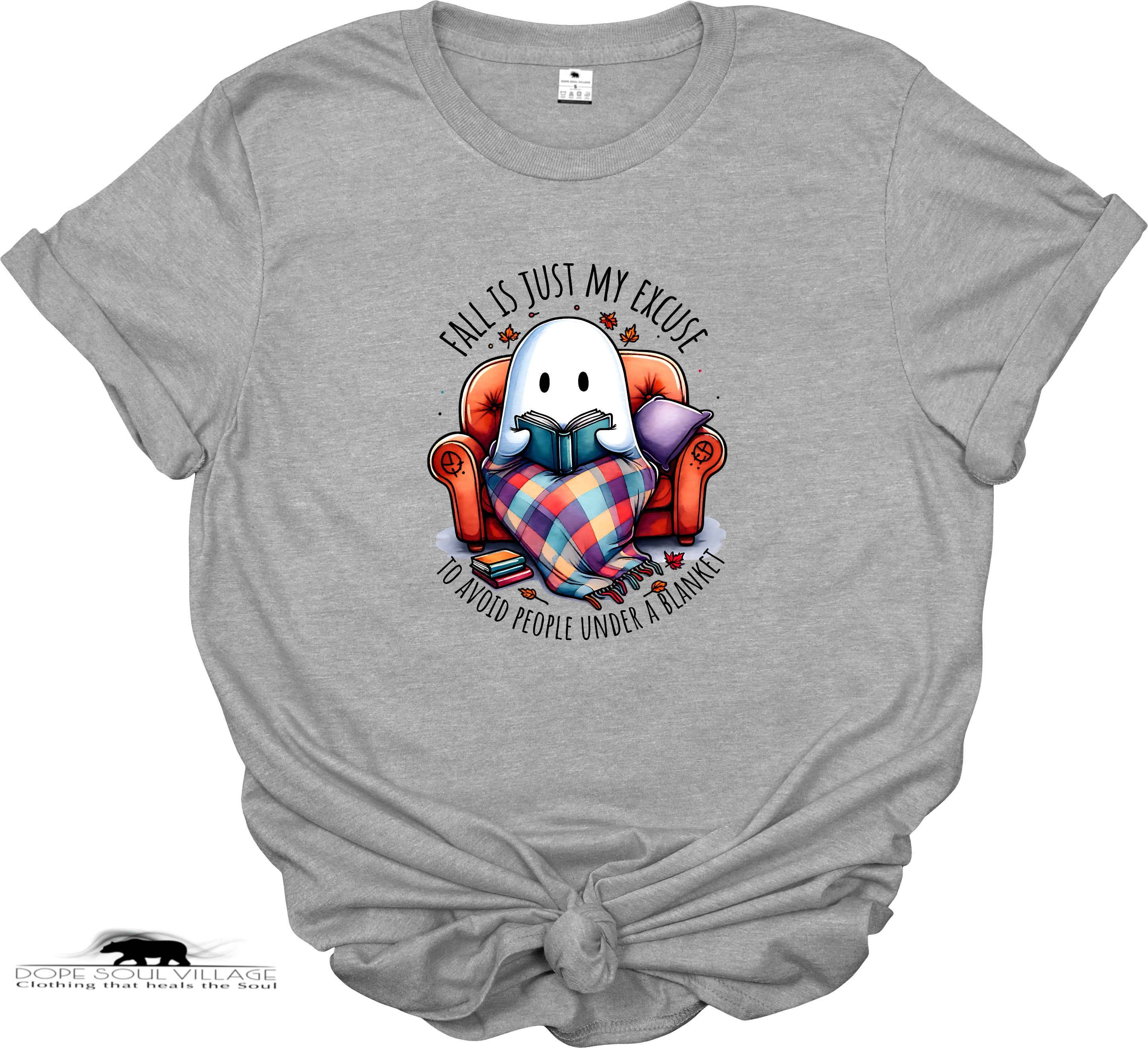 Gray t-shirt with a ghost reading a book graphic and text on a white background