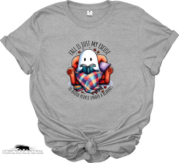 Gray t-shirt with a ghost reading a book graphic and text on a white background