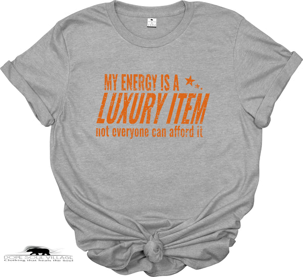 Gray t-shirt with orange text on a white background