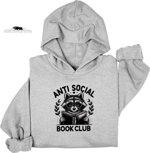 Gray hoodie with 'Anti Social Book Club' graphic featuring a raccoon reading a book on a white background.