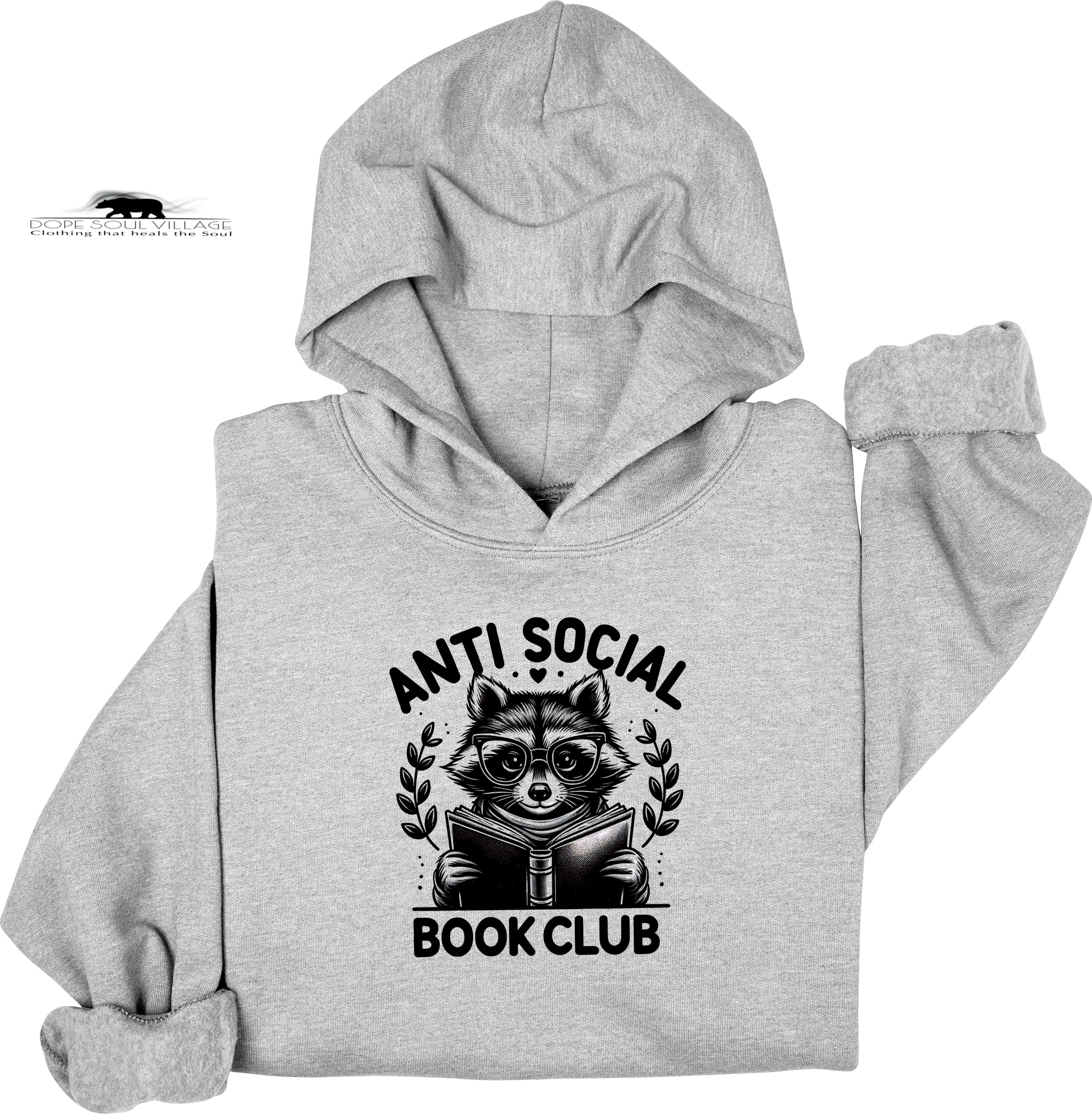 Gray hoodie with 'Anti Social Book Club' graphic featuring a raccoon reading a book on a white background.