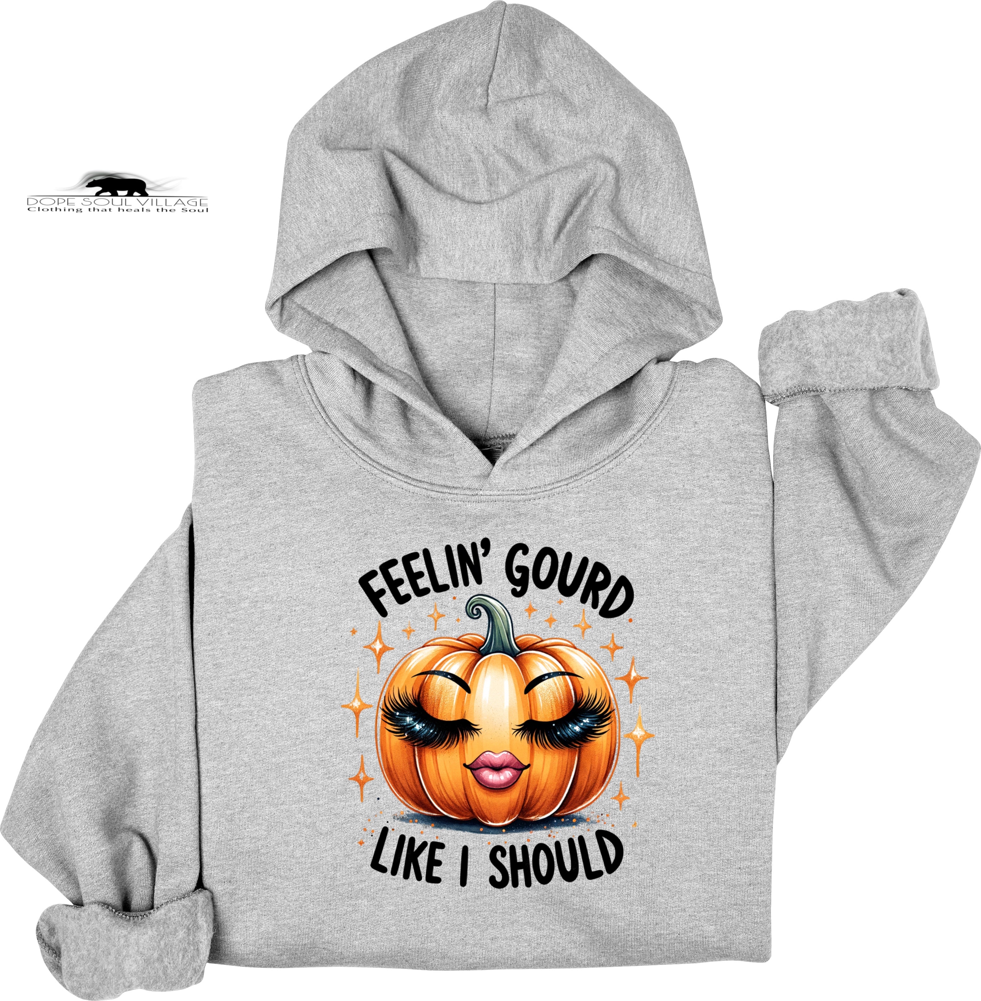 Gray hoodie with a pumpkin graphic and text on a white background